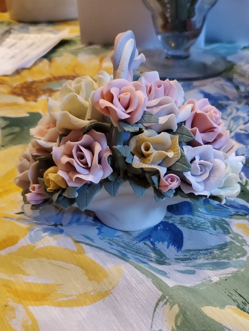 Porcelain Floral Basket Centerpiece - Pastel Roses